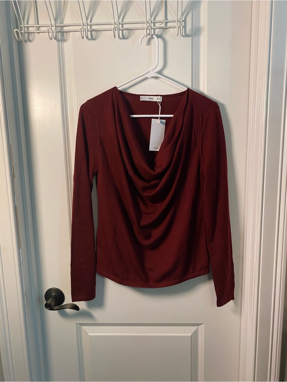 NWT MNG Long-Sleeve Cowl Neck Top in Deep Burgundy